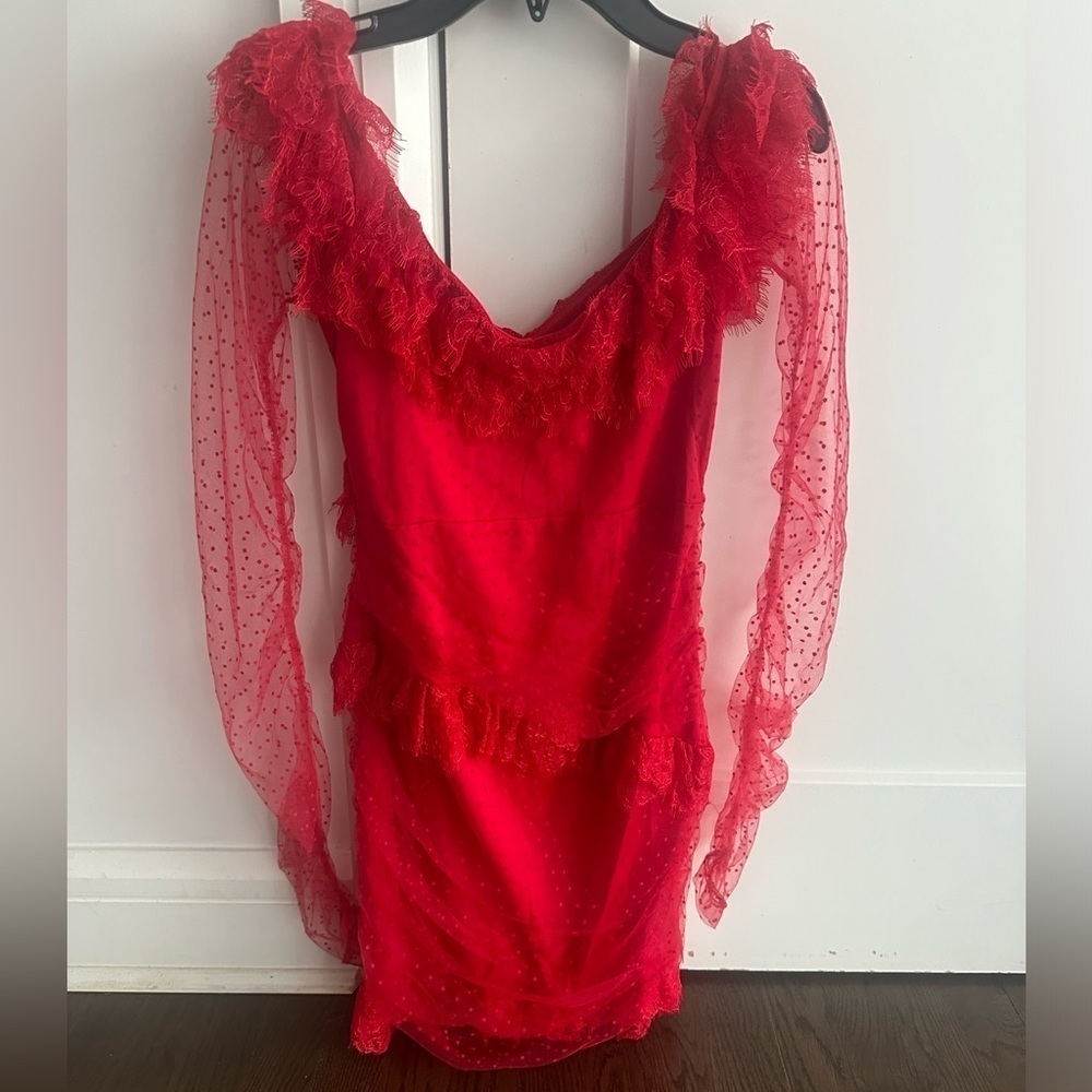 -mini red dress -I am 5”3 1/2 so it is mid thigh on me in these pictures - Picture 3 of 8